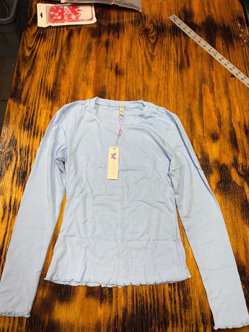 DARONG Long Sleeve Ribbed Lettuce Hem Top Size XS Blue